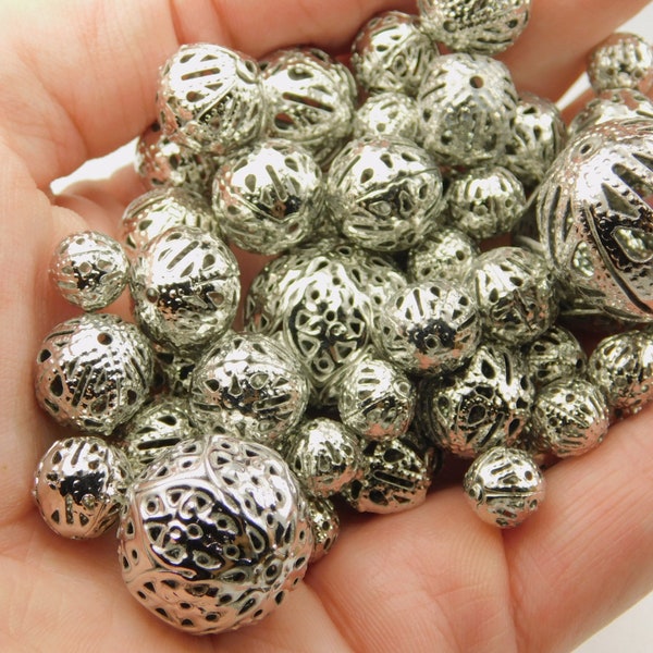 25 Grams - 6mm to 18mm Mixed Size And Shape Silver Filigree Spacer Beads - Filigree Beads - Metal Spacer Beads - Jewelry Supplies