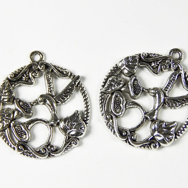 2 Pcs - 36x29mm Hummingbird Charms - Pendants - Tibetan Silver - Jewelry Supplies