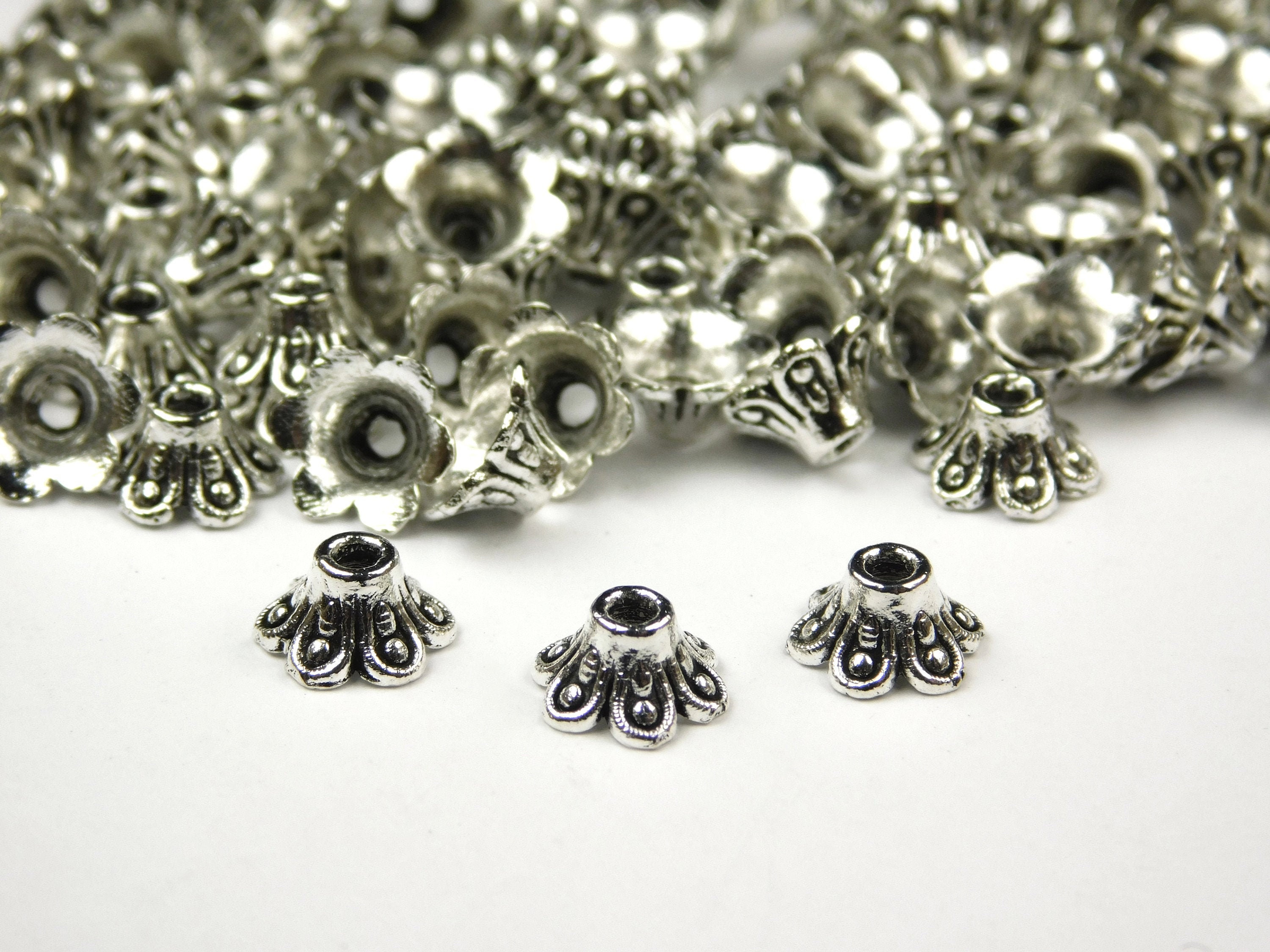 40pcs Tibetan Antique Silver Color Flower Bead End Caps For
