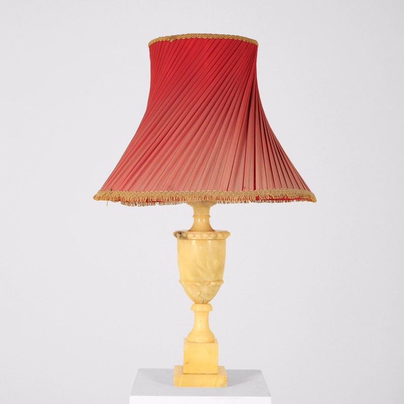 Midcentury Italian Alabaster Table Lamp 1950s Oversized Vintage Marble Stone Rococo Retro Pleated Lampshade