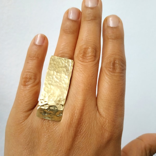 Gold or silver large rectangle ring, full finger big square ring, shield middle finger ring