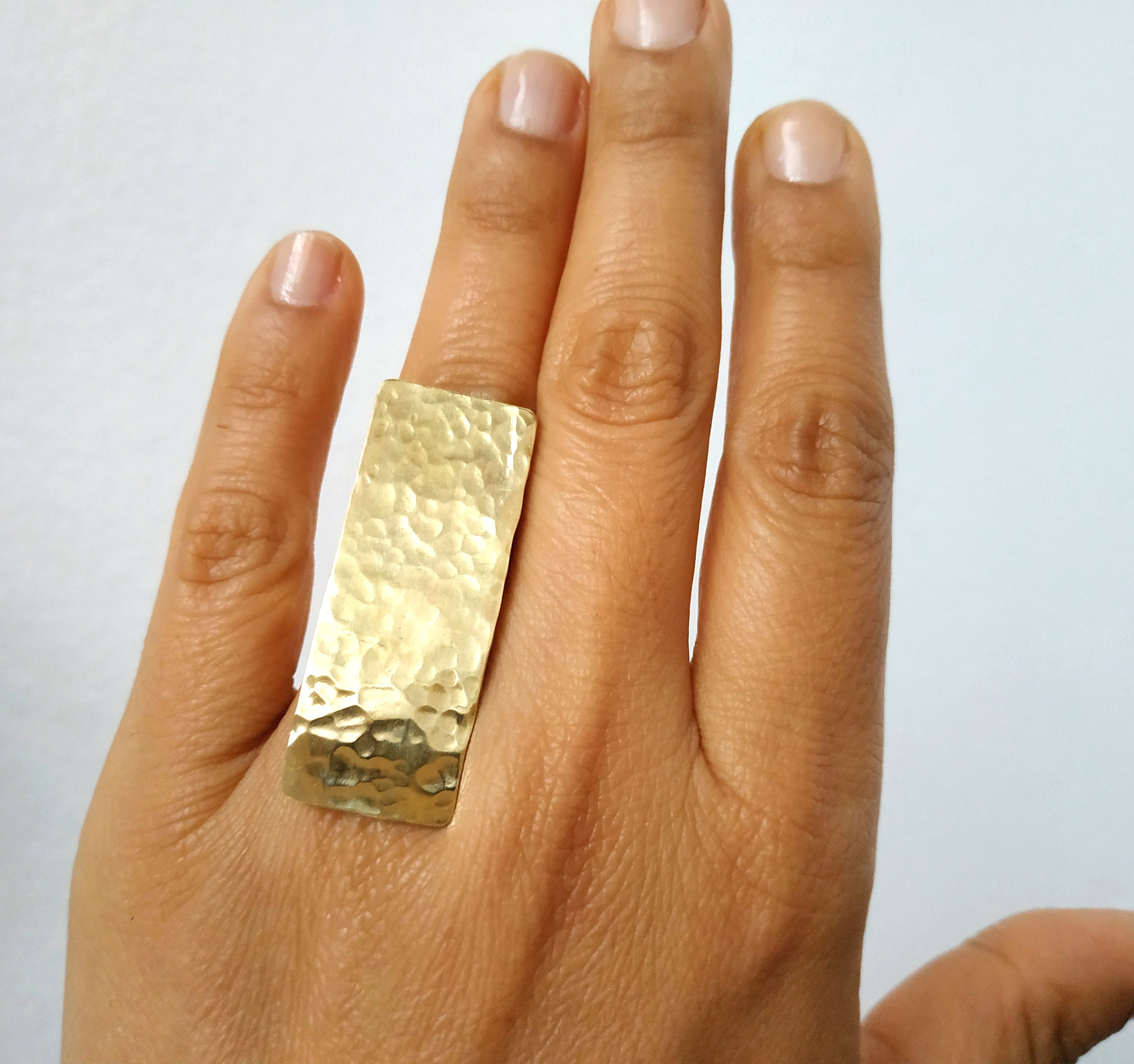 Gold or Silver Large Rectangle Ring, Full Finger Big Square Ring, Shield  Middle Finger Ring - Etsy