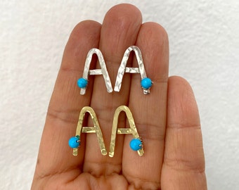 Gold alphabet custom initials stud earrings, howlitte turquoise letter studs, A monogram post earrings, gift under 50