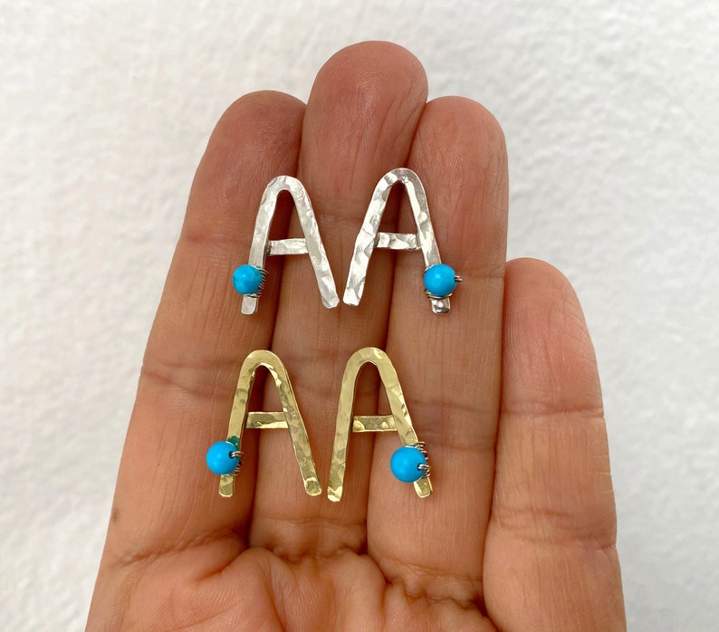 Gold alphabet custom initials stud earrings, howlitte turquoise letter studs, A monogram post earrings, gift under 50 image 1