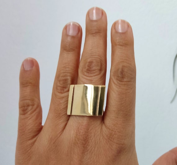 Gold Large Rectangle Ring One Inch Index or Middle Finger Ring
