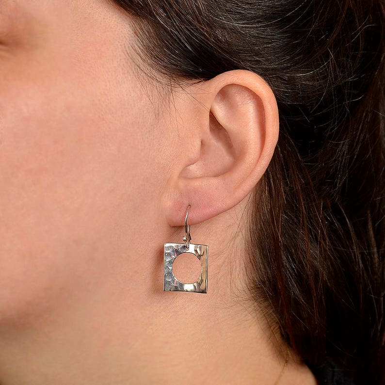 Sterling silver square dangle earrings geometric minimalist earrings long rectangle hammered earrings