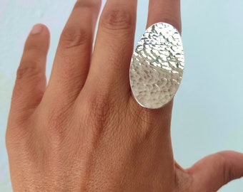 Sterling zilveren gigantische ovale ring, extra grote index schijf ring, enorme concave geometrische ring