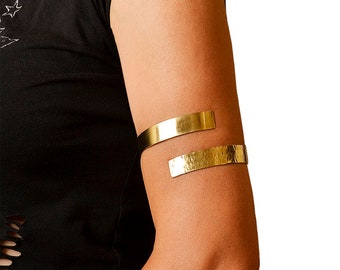 Gold open upper arm cuff  bracelet, Greek goddess arm band, wide wrap around hammered bracelet, bicep arm cuff