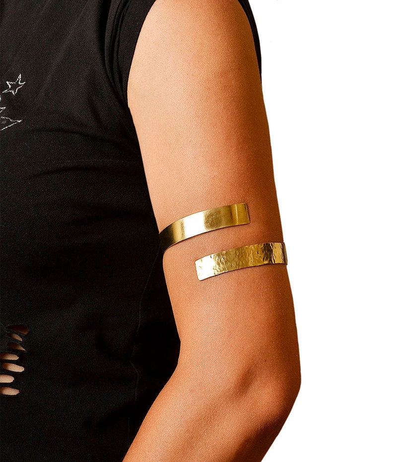 wide wrap around hammered bracelet Gold open upper arm cuff bracelet Greek goddess arm band