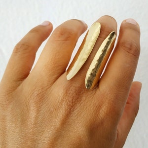 Solid gold full finger ring, open front long cuff band ring, sturdy armor middle finger ring