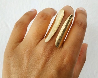 Solid gold full finger ring, open front long cuff band ring, sturdy armor middle finger ring