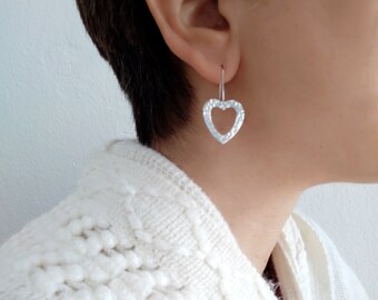 Sterling silver large  heart  earrings, open heart hook earrings, Valentines gift