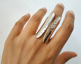 Sterling silver solid armor ring , extra long index cuff band ring, shield open full finger ring