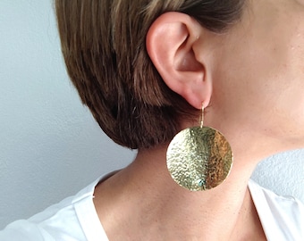 Extra large gold disc earrings, concave hook circle hoops, large full moon earrings