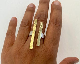 Mixed metals  long minimalist ring, gold silver  parallel lines ring, open front  brass finger ring