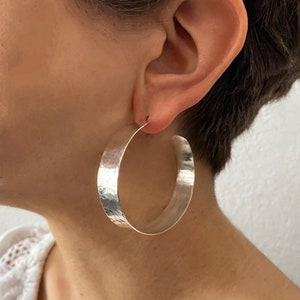 Silver bold  creole hoop earrings, large flat fat hoops,   2 inches wide chunky hoops