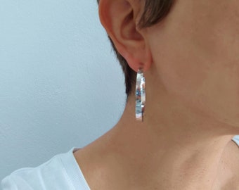 Sterling silver large hoop earrings, flat thin hammered hoops, slim dainty hoop earrings