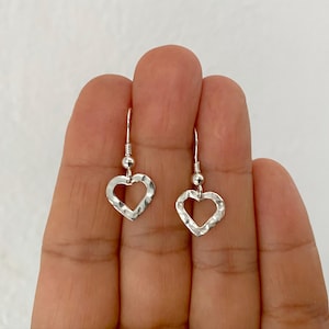 Hammered Sterling Silver Open Heart Drop Earrings - Handmade