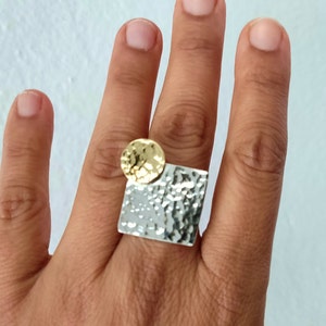 Mixed metals  square ring, sterling silver 925 and brass rectangular ring