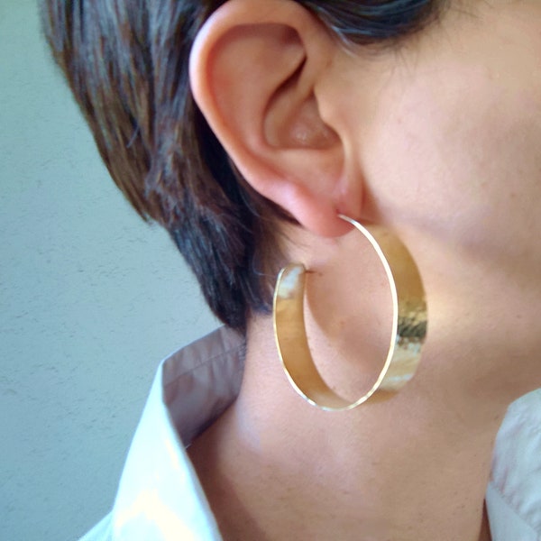 Brass chunky hoop earrings, flat 2 inches wide hoops, creole gold large hoop earrings