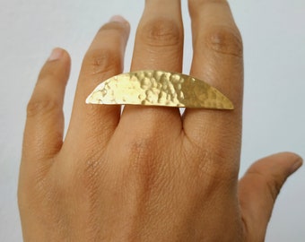 Gold or silver two finger ring, minimalist edgy ring, hammered brass wide boho ring