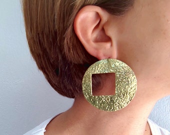 Large gold flat disc earrings, African brass hoop earrings, extra large circle statement earrings