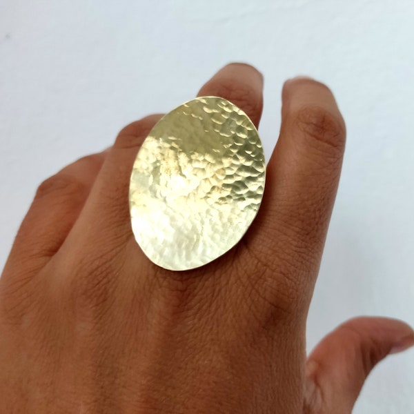 Gold giant oval ring, extra large index circle ring, huge geometric ring, brass oval middle finger ring