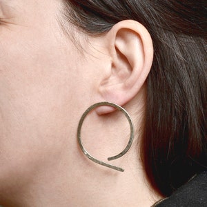 Silver or gold thin hammered hoop earrings, simple large stud hoops, big circle 2 inch or 5 cms hoop earrings