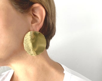 Gold extra large disc earrings, African brass hoop earrings, concave giant stud circle earrings