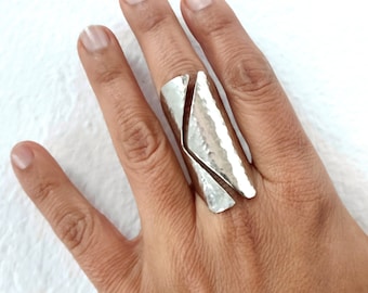 Sterling silver full finger ring , solid armor open ring , chunky tall middle finger ring