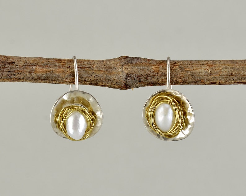 Sterling silver pearl drop earrings small circle bridal earrings mixed metals geometric jewelry