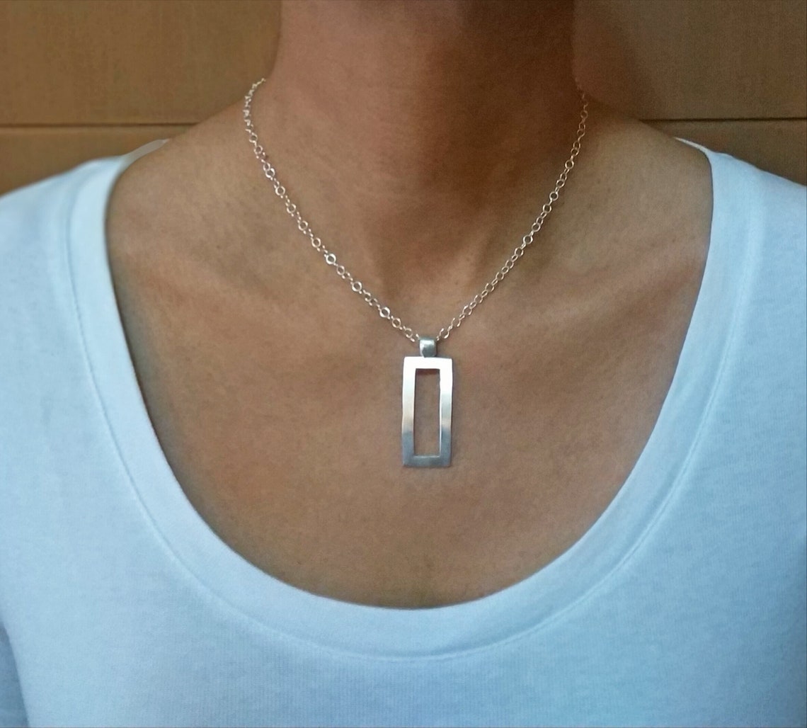Sterling Silver Open Rectangle Pendant Necklace Large Square Etsy