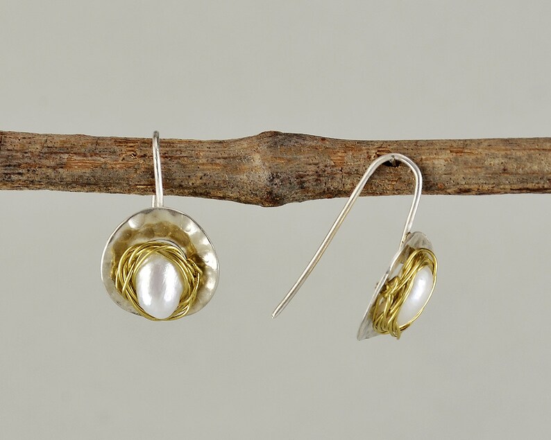 Sterling silver pearl drop earrings small circle bridal earrings mixed metals geometric jewelry