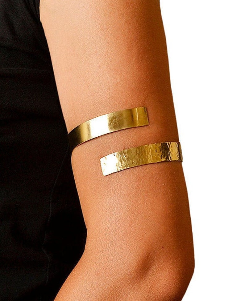 wide wrap around hammered bracelet Gold open upper arm cuff bracelet Greek goddess arm band