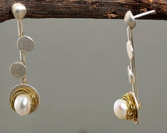 Bridal pearl long  stud earrings, sterling silver wedding earrings, circle long earrings, anniversary gift
