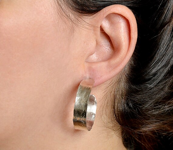 Sterling Silver Wide Thick Hoop Earrings Flat Wide 35 Mm Stud
