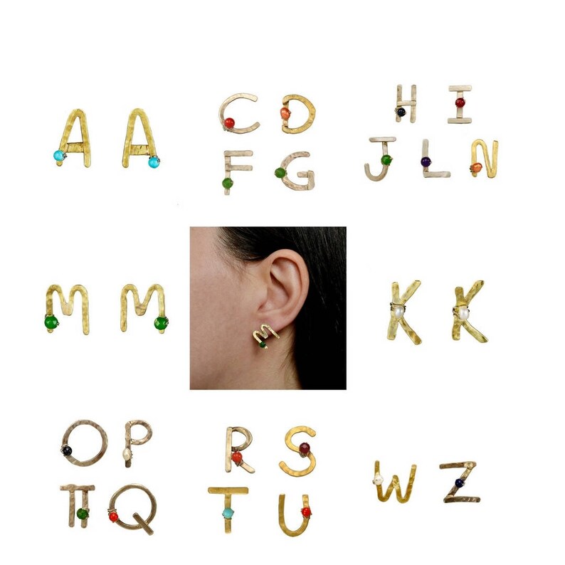 Gold alphabet custom initials stud earrings, howlitte turquoise letter studs, A monogram post earrings, gift under 50 image 5