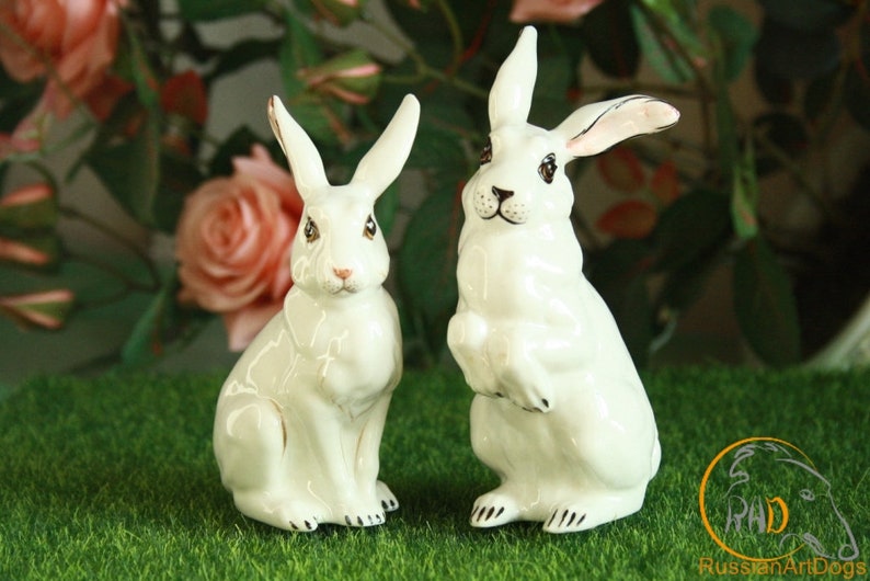 Pair of rabbits Hare porcelain figurine statuette Etsy