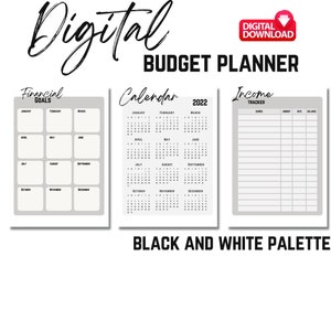 Peut inclure: Un planificateur de budget numérique imprimable en noir et blanc avec des sections pour les objectifs financiers, un calendrier 2022 et un suivi des revenus.