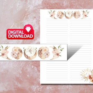 Papelería Boho Moon Phases, Papelería imprimible para amantes del cristal, Papel de carta Penpal, Papel de la Diosa de la Luna, Papel de diario, Página de notas Boho