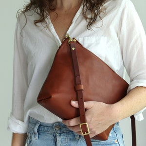 Cognac Brown Leather Crossbody Bag | Monogram Purse | Minimalist Leather Shoulder Bag with Zipper | Zipper Pouch | Personalized Handbag |