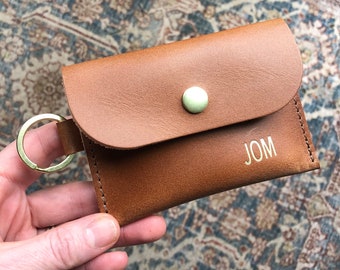 Personalized Brown Leather Keychain Card Wallet | Minimalist Wallet | Slim Leather Wallet | Leather Credit Card Holder | Small Wallet