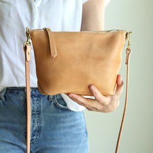 Small Beige Leather Crossbody Bag Tan Convertible Leather Clutch Small Leather Purse Personalized Bag Leather Zipper Pouch image 5