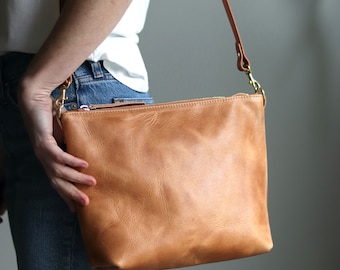 Distressed Brown Leather Crossbody Bag | Vegetable Tanned Leather Bag | Cross Body Bag | Lightweight Leather Shoulder Bag | Personalized Bag