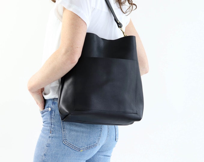 Black Leather Shoulder Bag Leather Hobo Bag Bucket Bag - Etsy