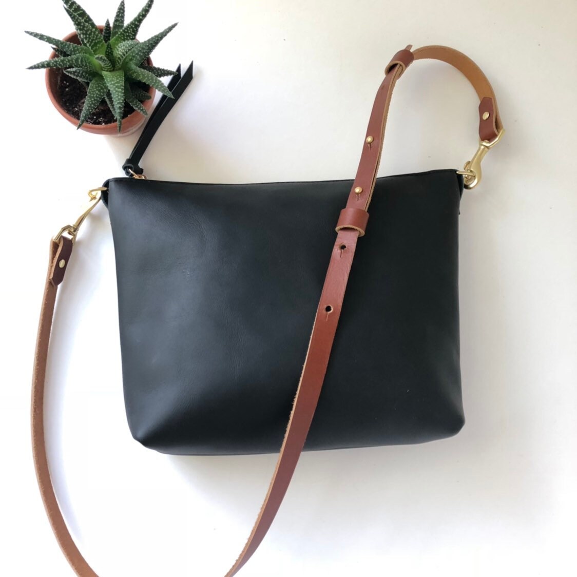 Black Leather Crossbody Bag with Brown Strap // Hobo Bag // | Etsy