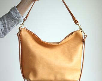 Bolso de hombro de piel beige natural: Vachetta curtida vegetalmente, bolso con cremallera, bolso holgado.