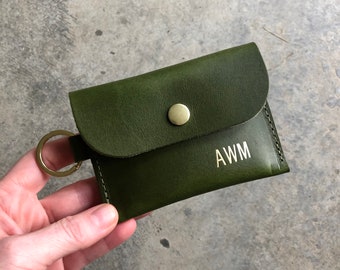 Personalized Green Leather Card Wallet | Leather Credit Card Holder | Keychain Wallet | Personalized Wallet | Minimalist Wallet