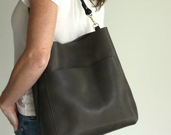 Soft Gray Leather Shoulder Bag | Leather Hobo Bag | Leather Bucket Bag with Magnetic Snap | Minimalist Leather Bag with Front Pocket