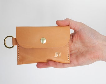 Beige Monogrammed Keyring Leather Wallet // Personalized Women's Leather Wallet // Small Leather Card Holder